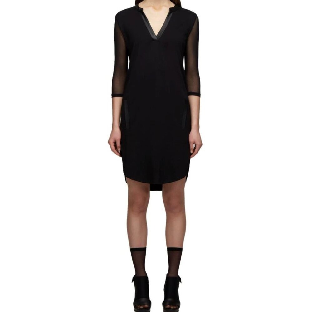 Women's Rudsak Mexi Tunic Dress Sheer Sleeves Leather Trim Black Size M